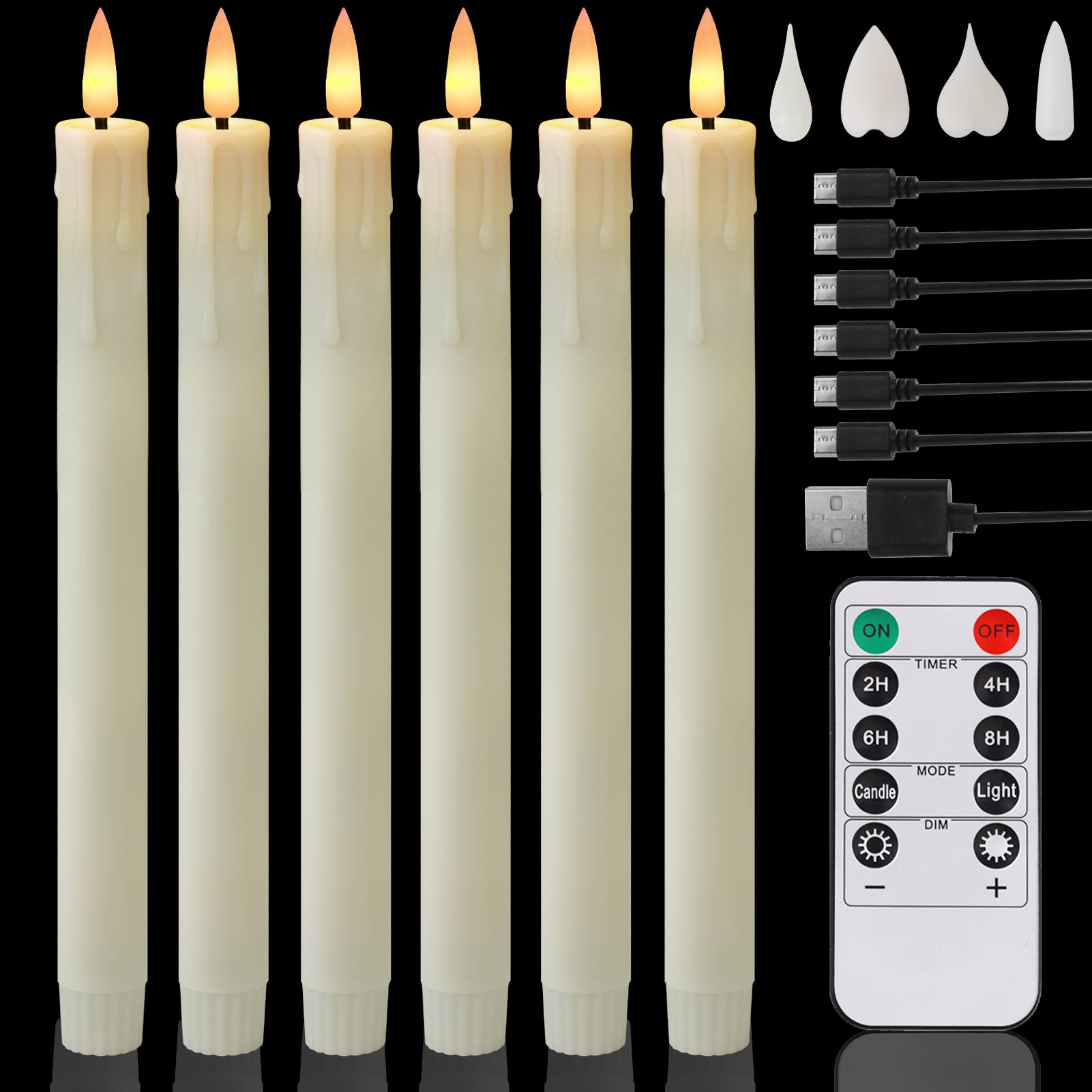 

Pack of 6 USB Rechargeable LED Taper Candles with Timer Remote 9.6inch Flickering Wedding Birthday Flameless Window Candlesticks слонова кістка