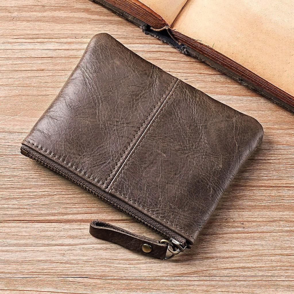 Mens and Women Retro Real Leather Zipper Wallet Card Holder Small Coins Keys Pocket Money Storage Pouch with Chain Key-ring