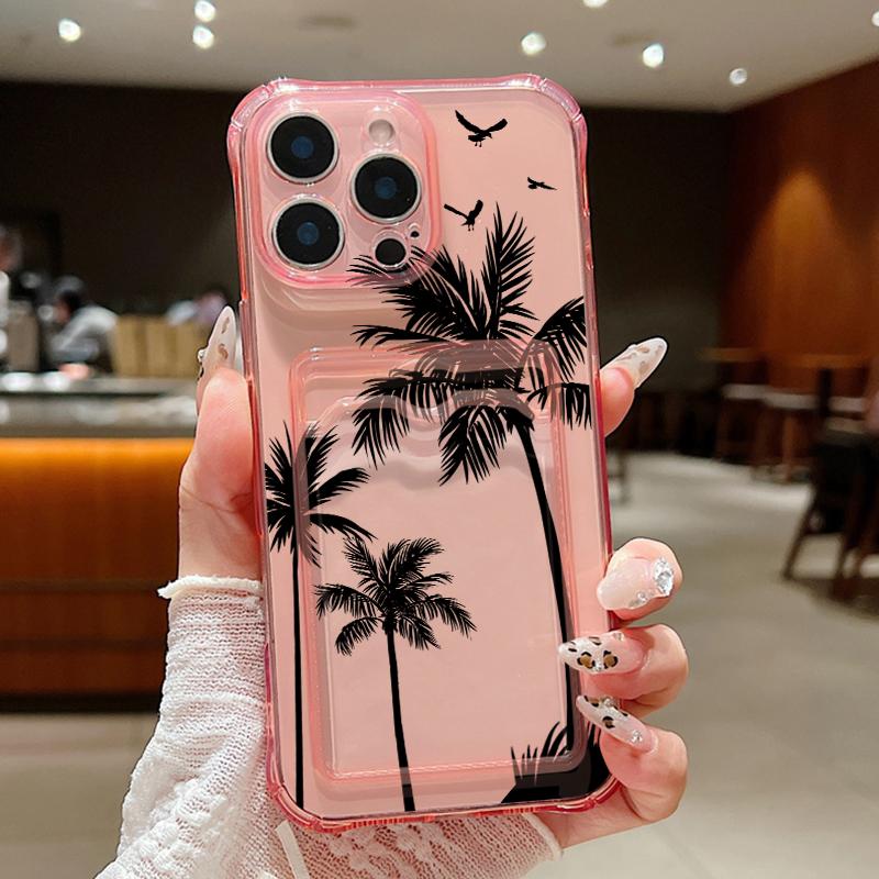 Husă Transparentă cu Model Palmier de Cocos cu Slot pentru Card pentru iPhone 16 Pro Max 16E 15 Pro 14 13 12 11 Subțire Antishock Silicon Moale Husă Telefon