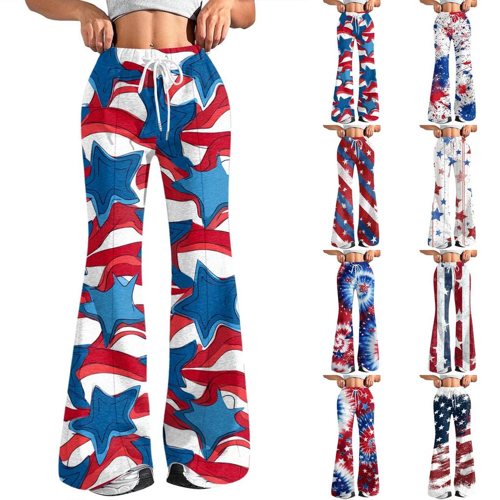 Women's Fashion Loose Drawstring Tight Waist Independence Day Printed Casual Sports Pants Casual Flared Pants