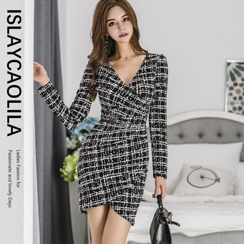 ISLAYCAOLILA Cabaret Mini Club Party Tight Mini Check Long High C18 Ryo Women's Dress, Dress, Dress, Dress, Dress, Print, Cache-Coeur, Lightweight,