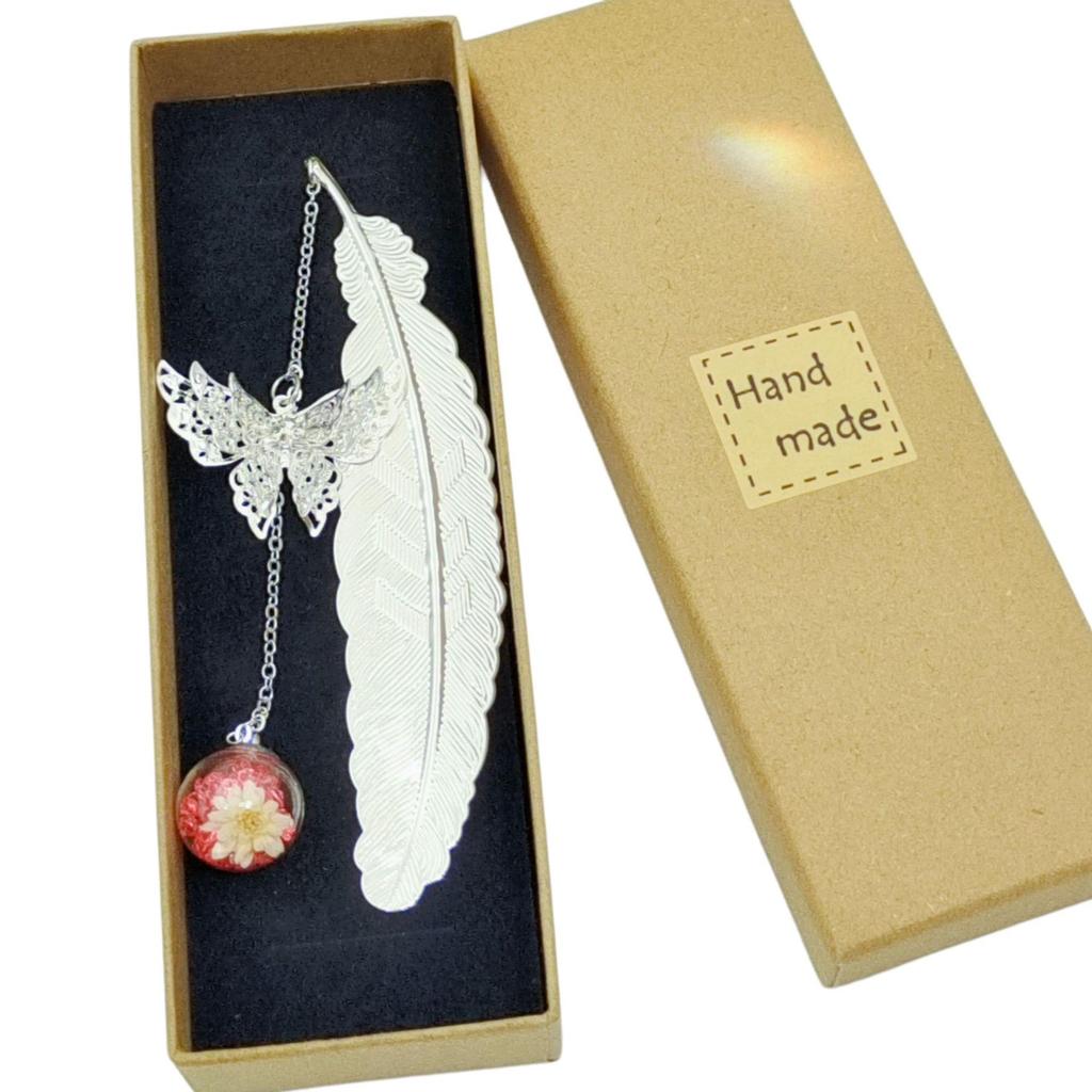 Chinese Style Dried Flower Bookmark with Feather, Metal Butterfly & Tassel - Ideal Teacher's Day Gift