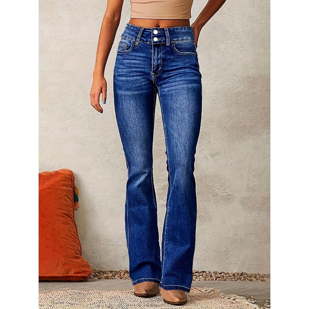 Damen Mittelhohe Schlagjeans Stretch Gewaschene Denimhose Elegante Streetwear Bootcut Jeans
