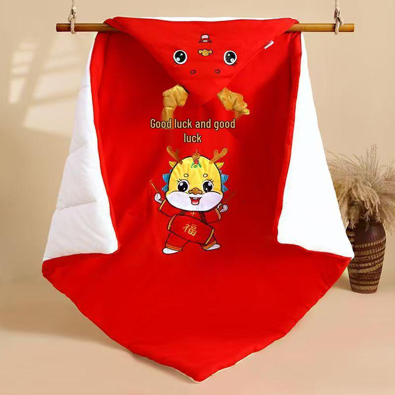 Red 100 Blessings Swaddle: Pure Cotton Newborn Blanket for Delivery Room, Thickened for Spring, Autumn, Winter