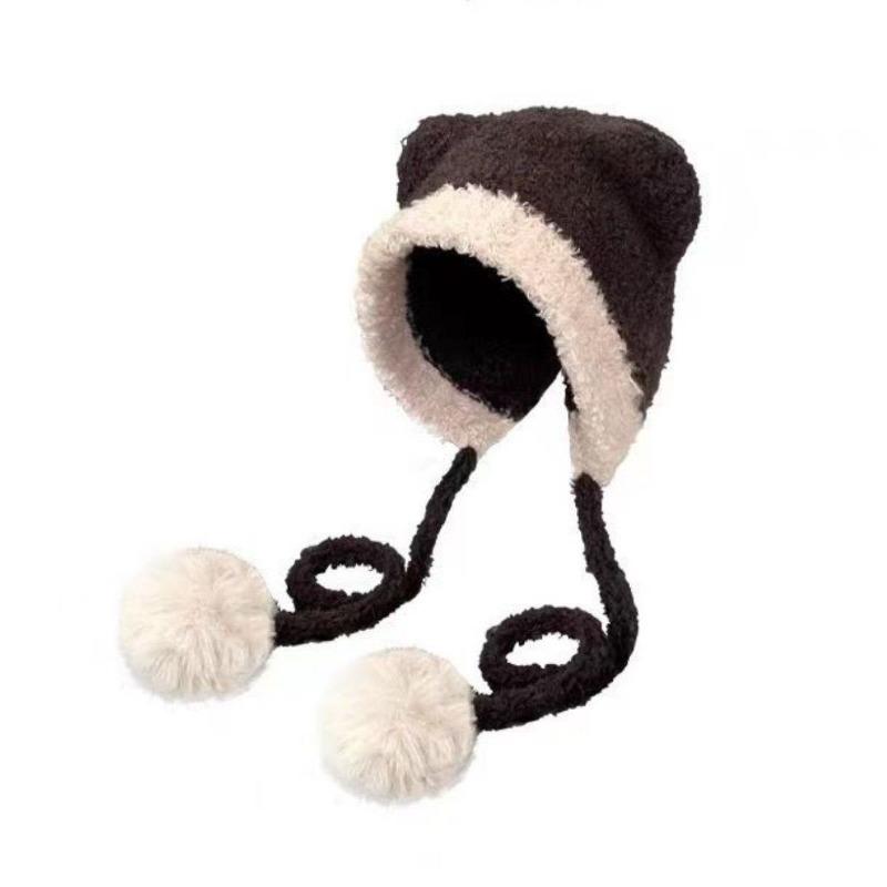 Cute color matching teddy velvet bear ears straps women's winter warm ear protectors knitted wool hat