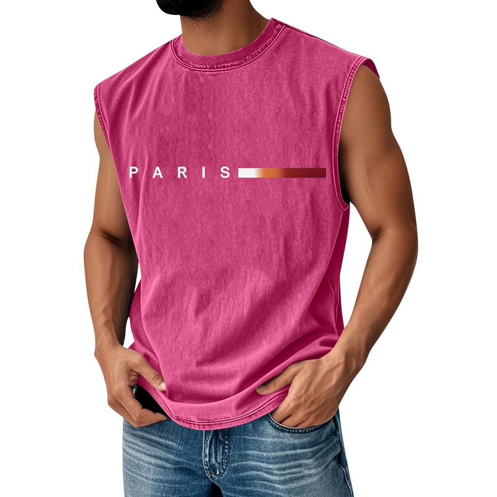 Men's Loose And Casual Trend Letter Print T-shirt - Men's Washed And Distressed Breathable Sports Sleeveless Top