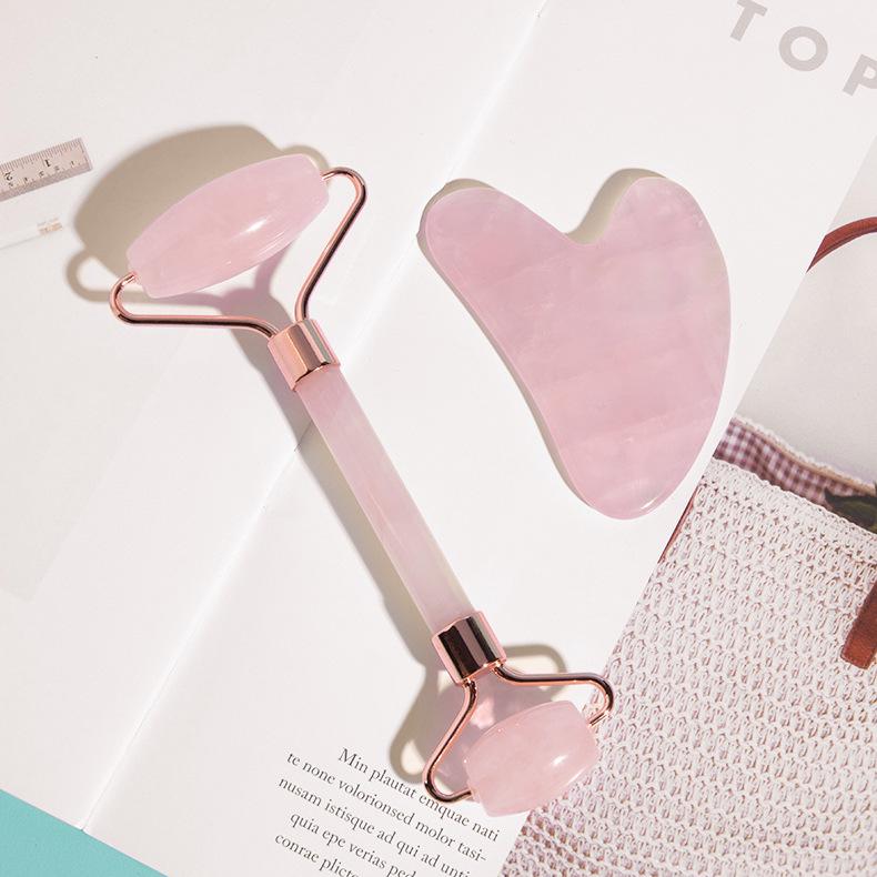 Rose Quartz Roller & Gua Sha Set with Customizable Logo - Natural Jade Face and Eye Massager