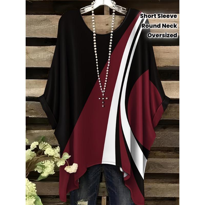 Übergröße, Damen Plus Size Lässiges Kurzarm-T-Shirt - Lila Blumenmuster, Dehnbares Polyester, Rundhalsausschnitt, Maschinenwaschbar, Ganzjahreskomfort