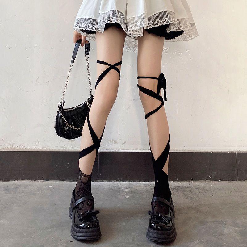 Lace-Up Lolita Cross Stockings: Cute Japanese Style Mid-Calf Socks for Women