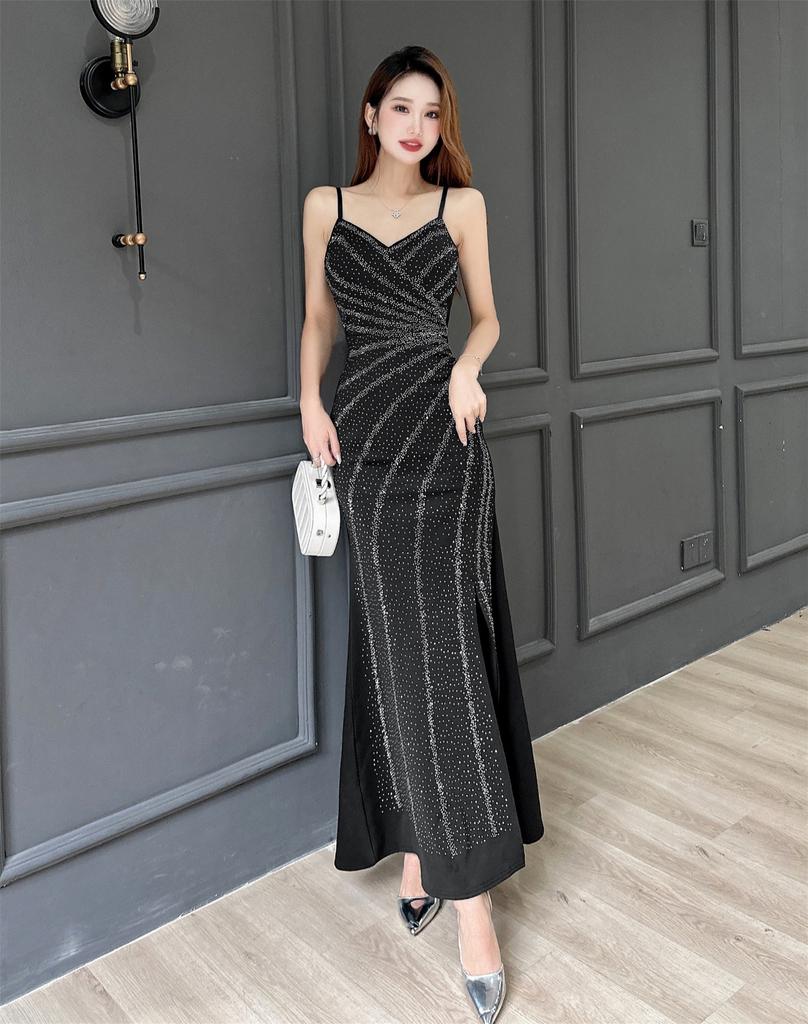 New navy blue suspender V-neck sexy dress birthday party light luxury niche design host split dress