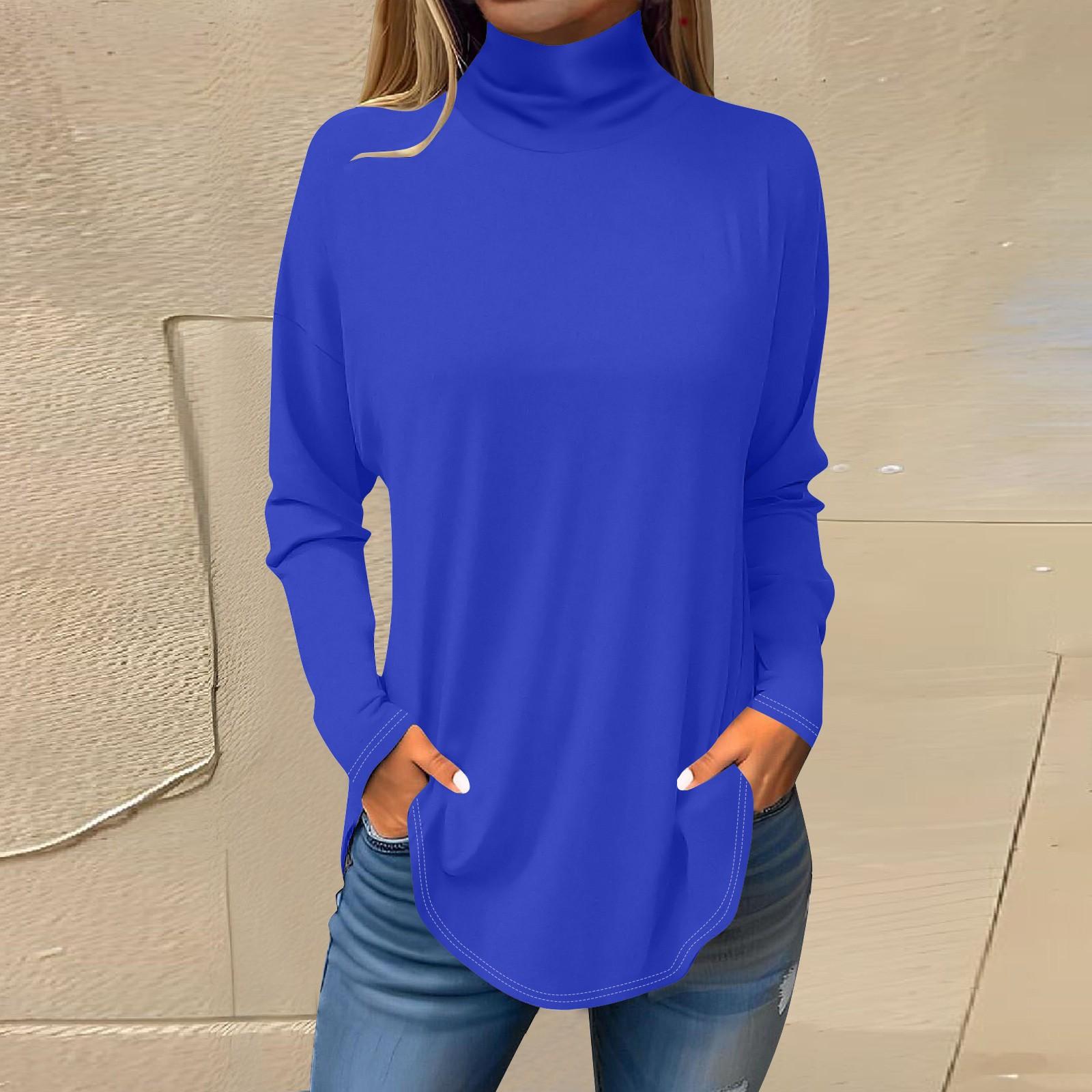 

Футболки для женщин, осенние повседневные рубашки с длинными рукавами, толстовка, однотонный топ с высоким воротом, пуловер L синий