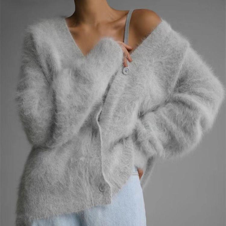 Women's Faux Mink Knit Cardigan Jacket Soft and Skin-friendly V-neck Knit Cardigan Autumn and Winter