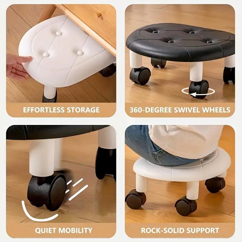 1PC with Wheels for Household Living Imitation Leather Portable Small Stool Universal Wheel Pulley Low Stool Silent Mobile