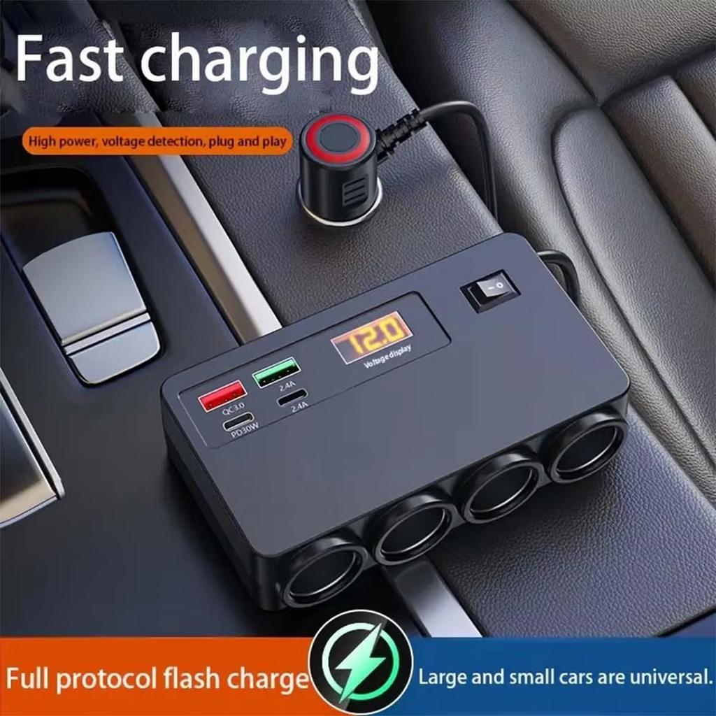12V/24V Car Lighter Splitter 4-Port with Digital Display USB Charger