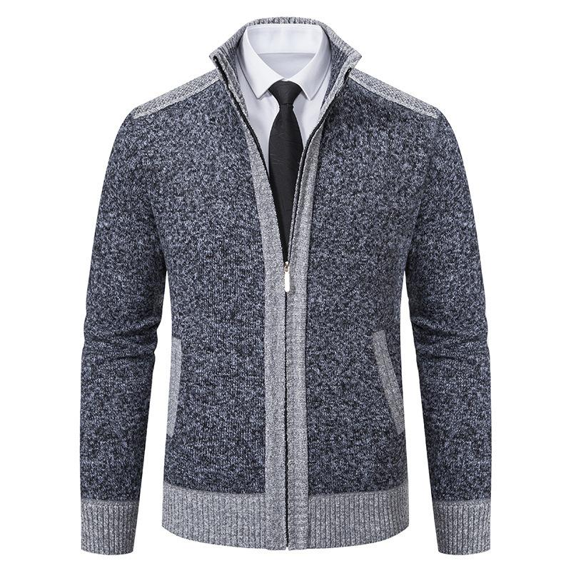 Winter Men's Plus Velvet Thick Sweater Fashionable Color Zipper Cardigan Stand Collar Knit Jacket