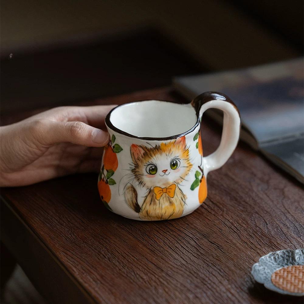 Cute Cat Ceramic Mug,Vintage Hand-Painted Ceramic Mug, Retro Floral Coffee Cup, Handmade Art Teacup for Home Office