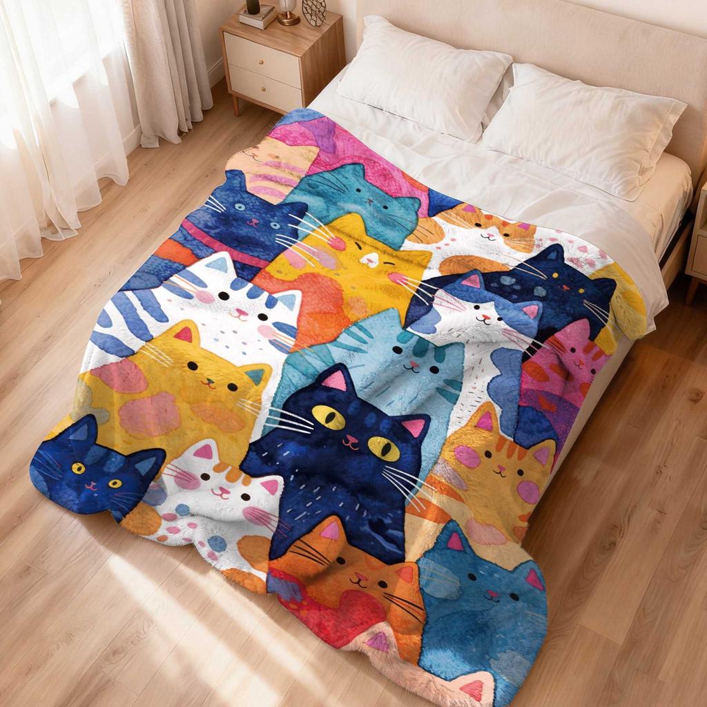 Cat animal art with colorful patterns Flannel printed blanket suitable for all seasons for living room office sofa and travel