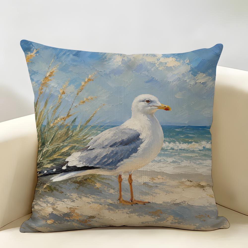 Seagulls On Beach Oceanic Artistic Cushion Cover Durable Hypoallergenic Organic Linen Pillow Cover Washable Skin-Friendly