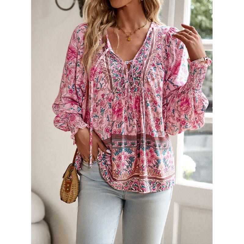Fall Bohemia New Arrival French Romantic Print Fashion V-neck Lace-up Loose Bubble Long Sleeve Shirt Top