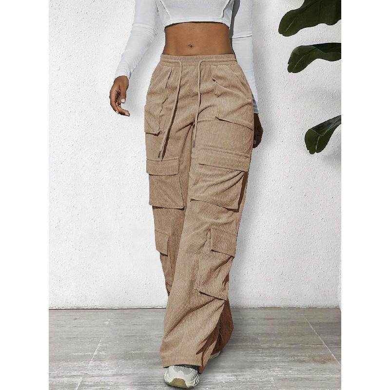 Women's Cargo Pants Spring/Summer New Wide-Leg Pants Casual Simple Tie-Waist Multi-Pocket Long Pants