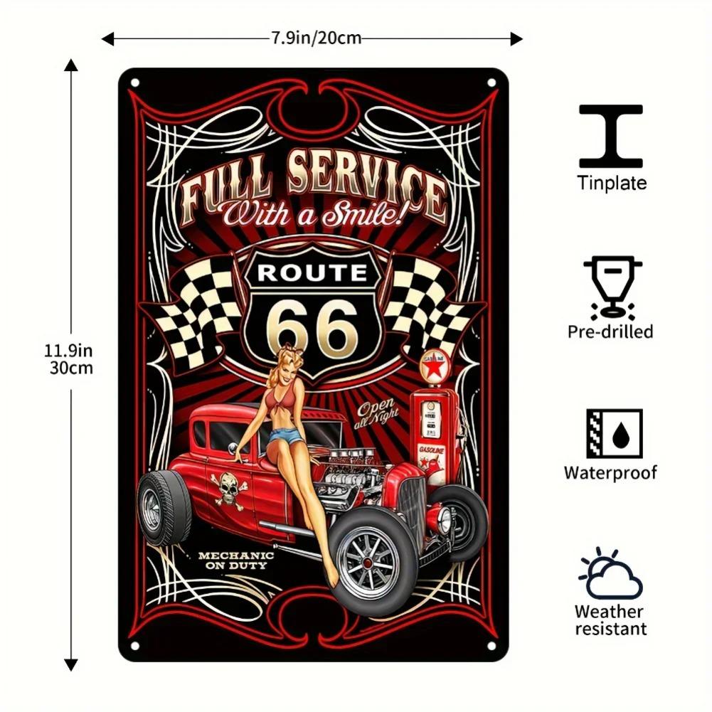 Vintage American Garage Sign Set with Classic Car Wall Decor In Red Black Burgundy Yellow for Home Bar Route 66 Fans