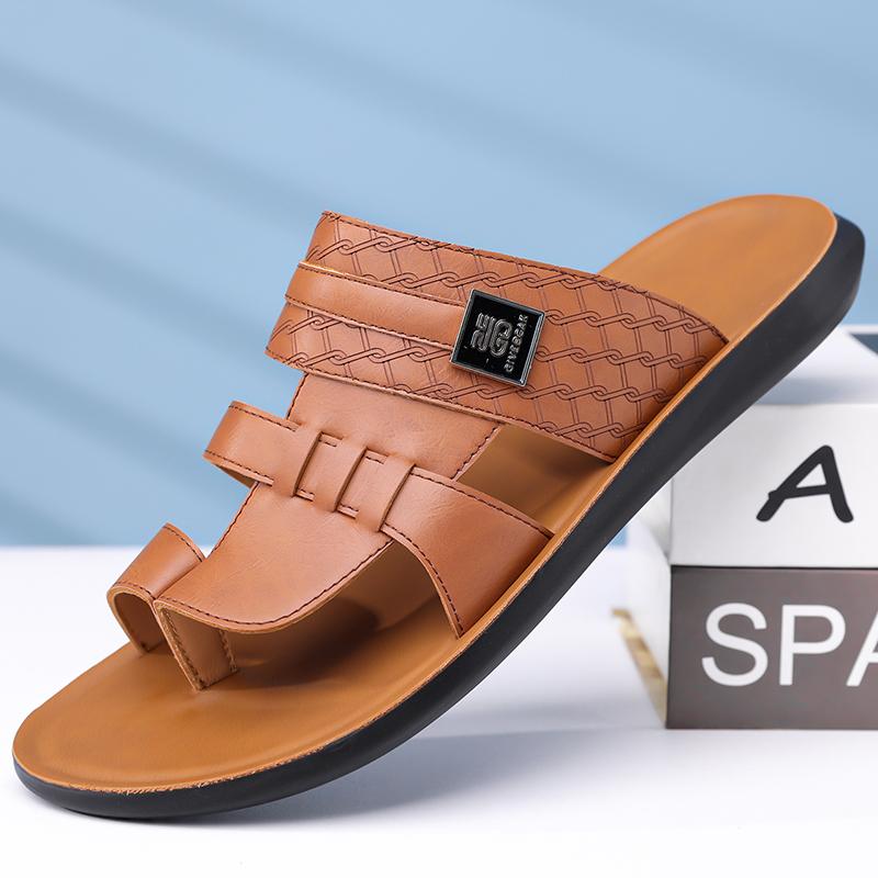 Men Black Leather Slippers Handmade Simple Flats Summer White Outdoor Roman Sandals Brown Open Toe Beach Shoes Plus Size