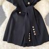 Niche design sense retro suit lapel short-sleeved dress women's summer lace-up waist and thin temperament casual skirt