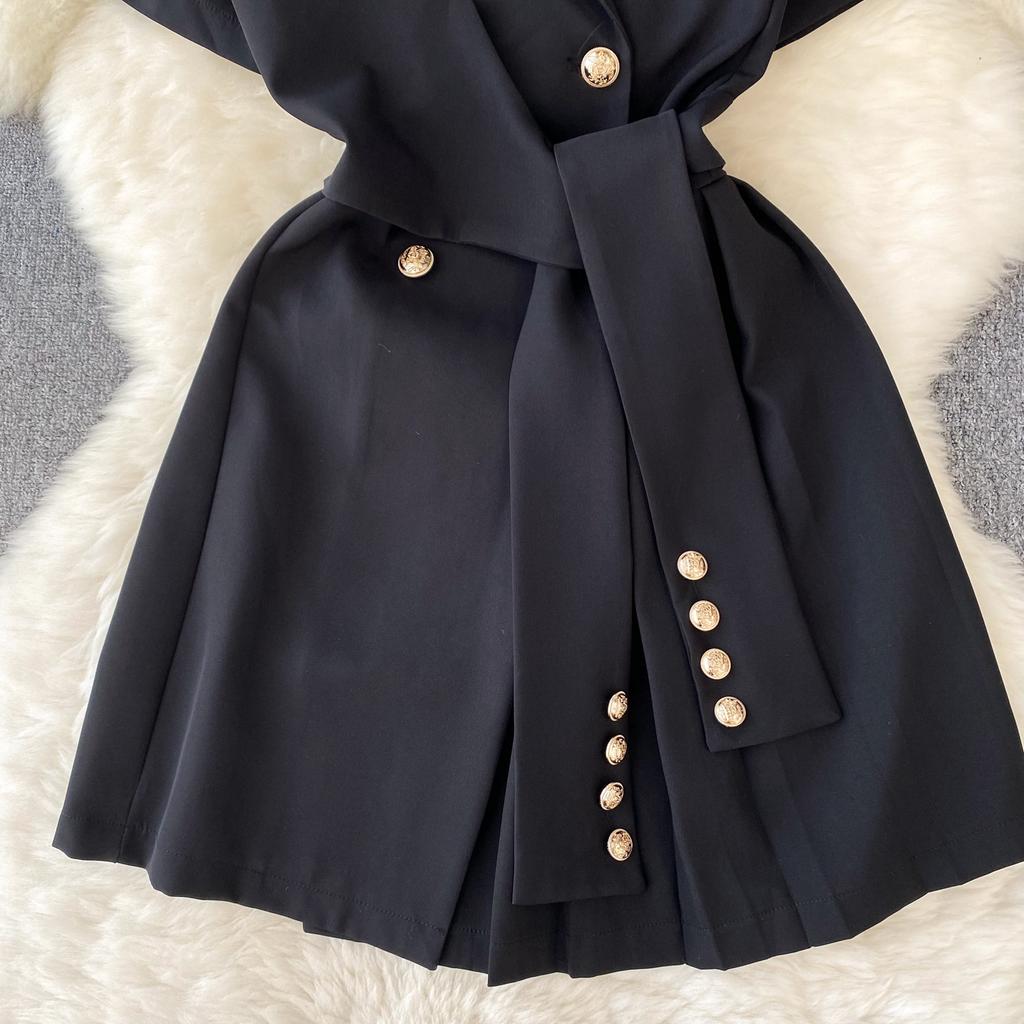 Niche design sense retro suit lapel short-sleeved dress women's summer lace-up waist and thin temperament casual skirt