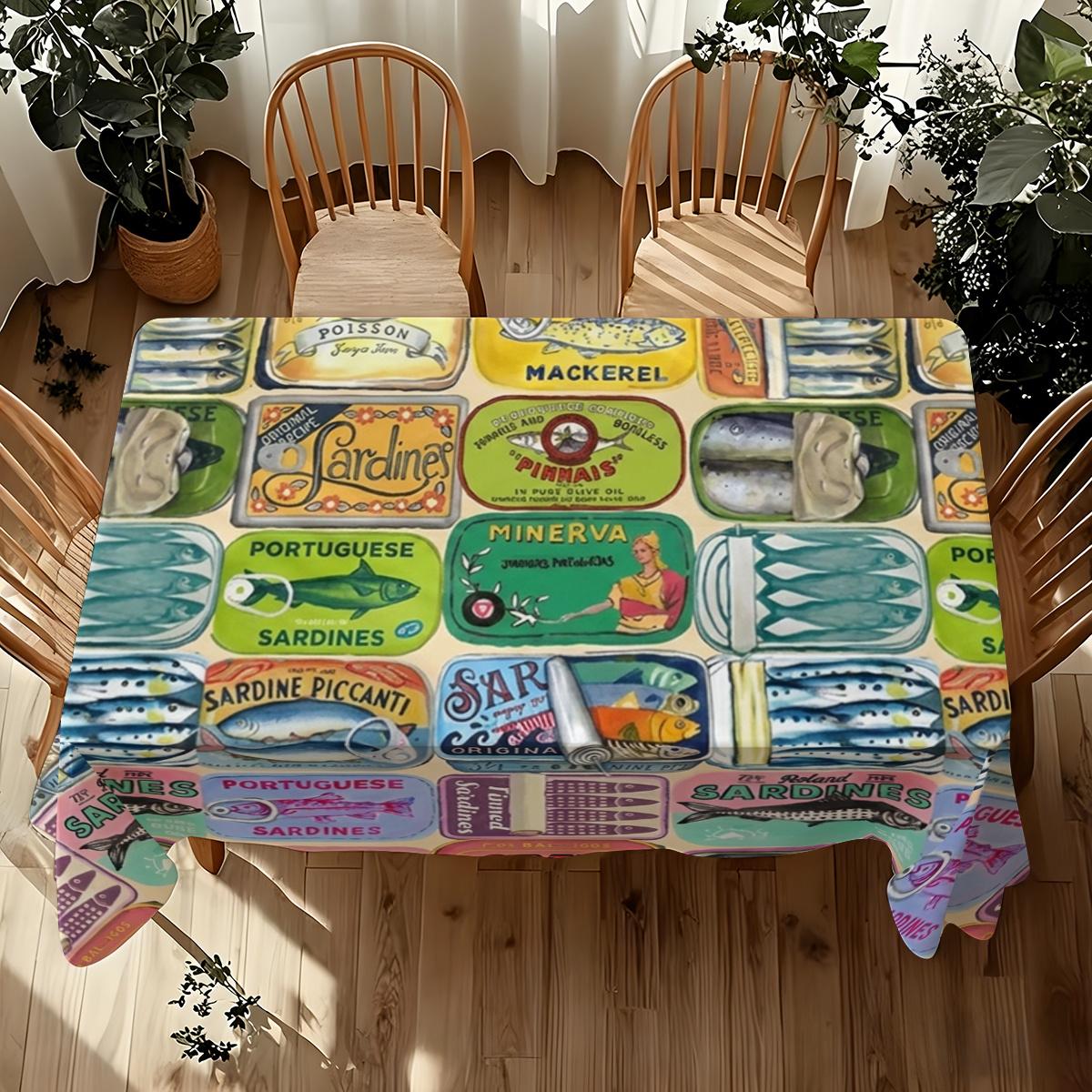 Vintage Sardineblik Patroon Rechthoekige Tafelkleed voor Tafeldecoratie Herbruikbaar Boerderij Keuken Eettafelkleed Feestdecoratie 140x240cm
