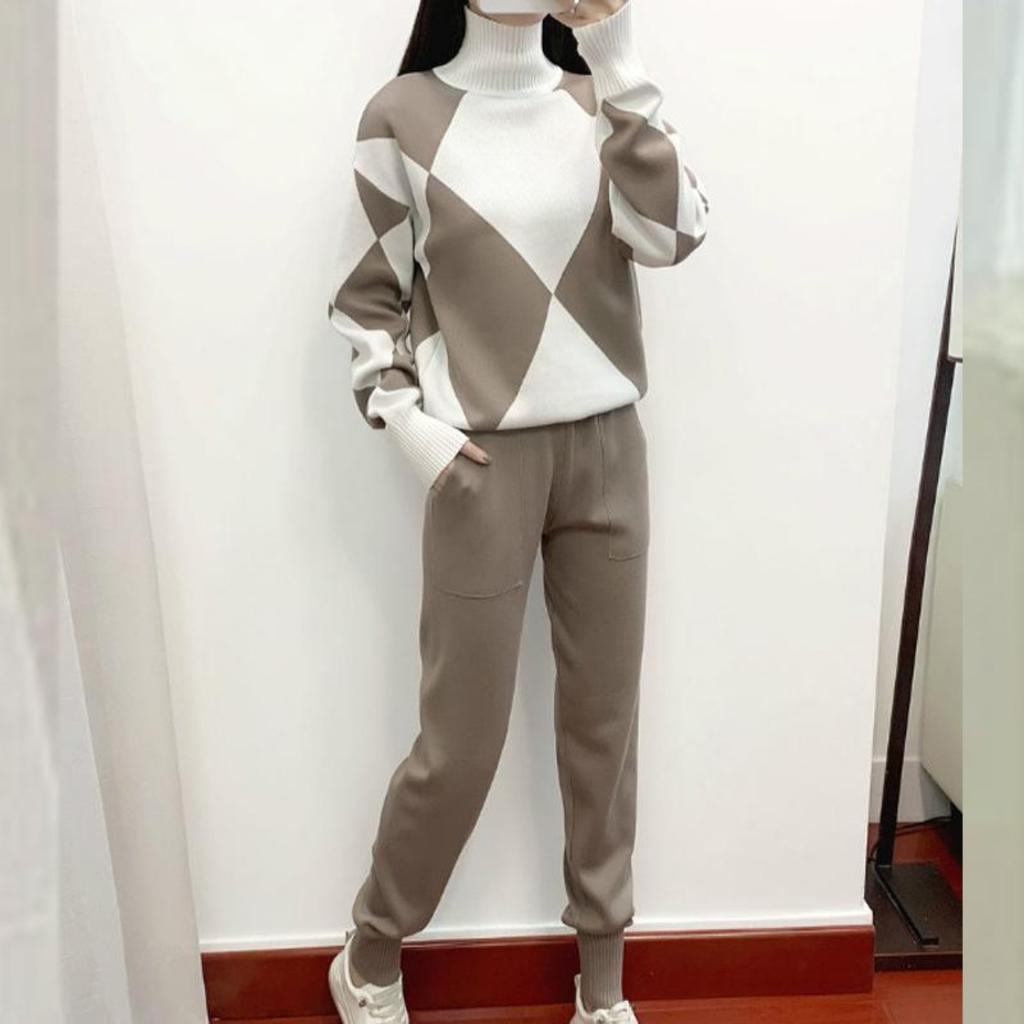 Fashion Suit Dame Uformell strikket rutete genser Todelt sett