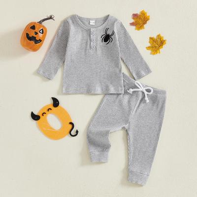 Kids' Spider Embroidered Halloween Top & Ribbed Pants Set - Long Sleeve, Autumn Style