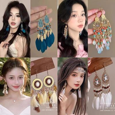 Bohemian Feathers Long Ear Hooks Retro Ethnic Style High-end Earrings Vacation Style Earrings