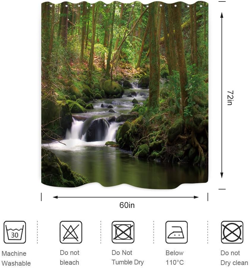 Natuur Douchegordijn Stromende Stroom Bos Waterval Natuurlijk Landschap Groene Bomen Jungle Mosbegroeide Rotsen Thematisch Decor Waterdicht