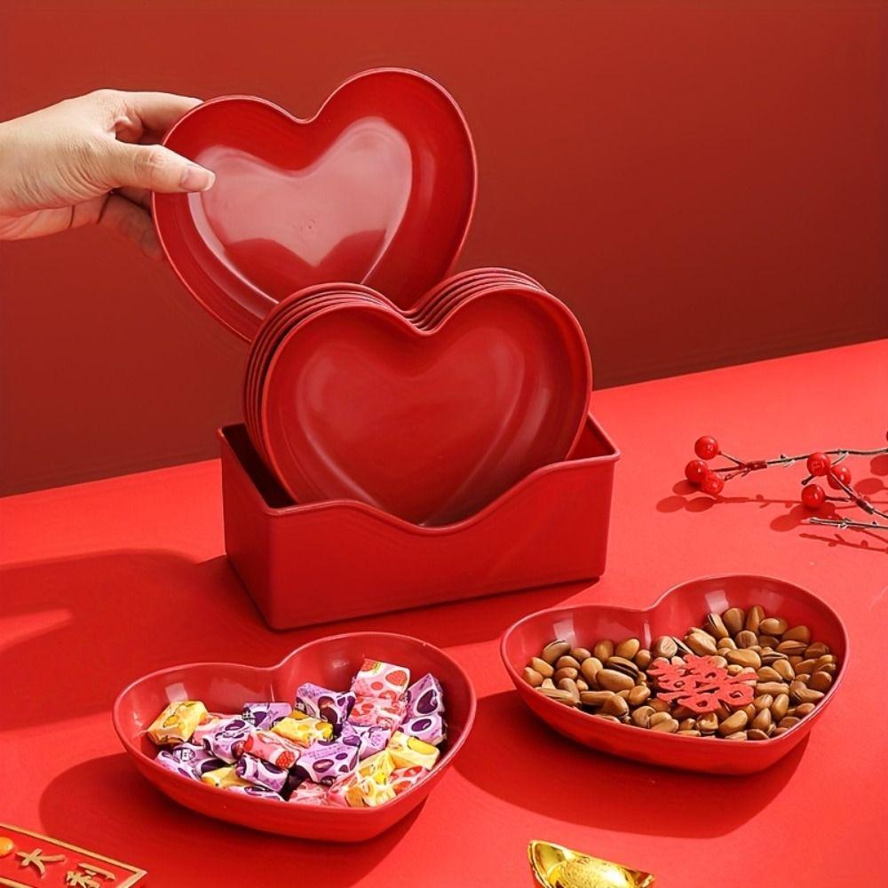 5/10Pcs Creative Love Heart-Shaped Serving Plate Small Red Snack Candy Tray Plastic with Holder Base Dinner Plate Set