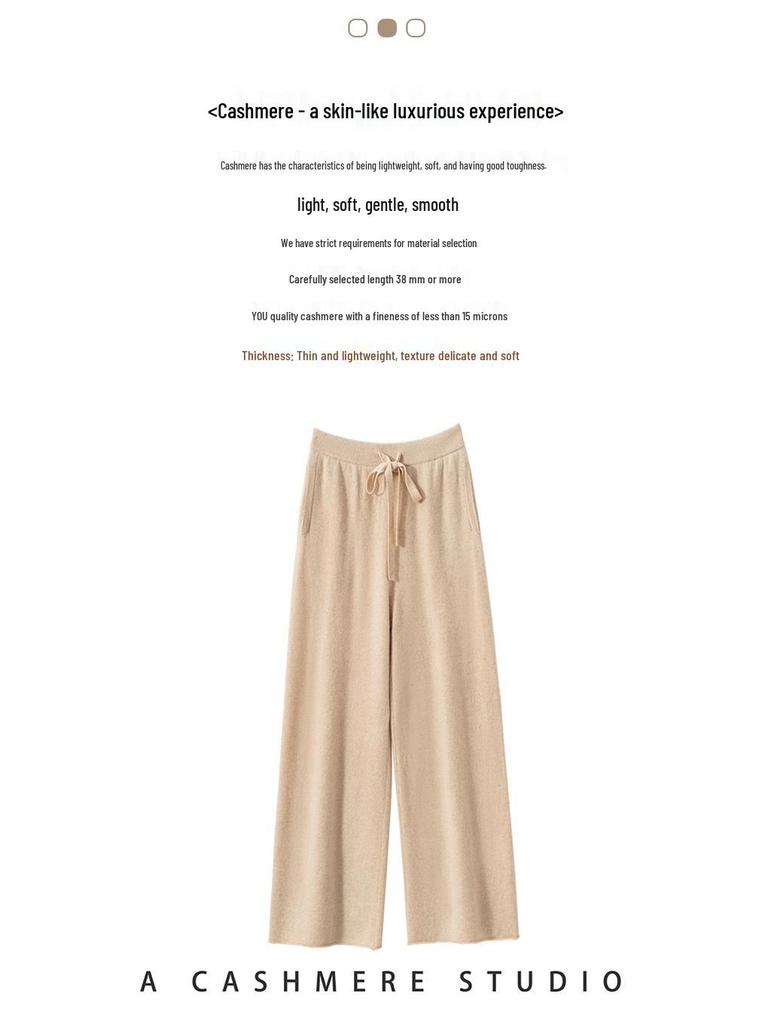Women's High Waist Wide Leg Cashmere Pants - Floor-Length, Elastic Waist, Urban Fall/Winter Style