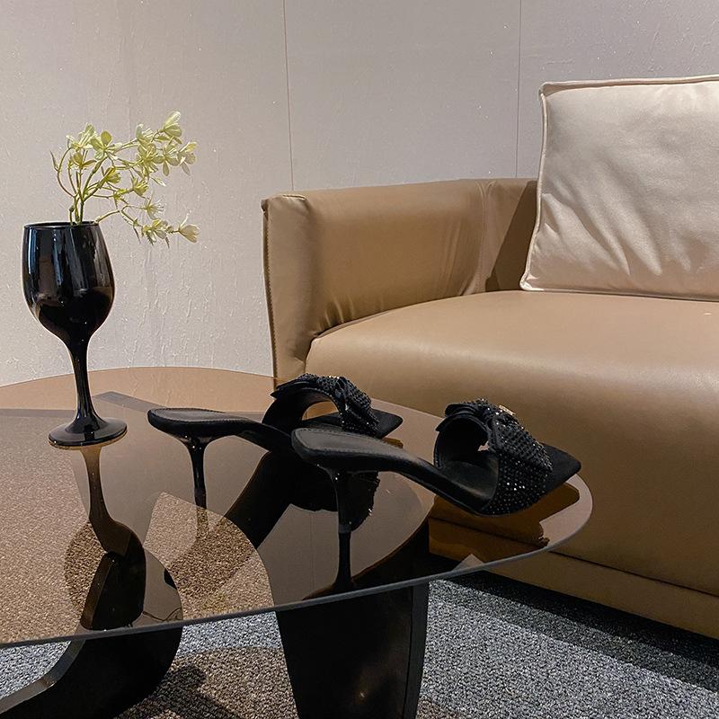 2025 Summer New Rhinestones with Black Sandals High Heels Stiletto Bow Fairy Wind Half Slippers Woman