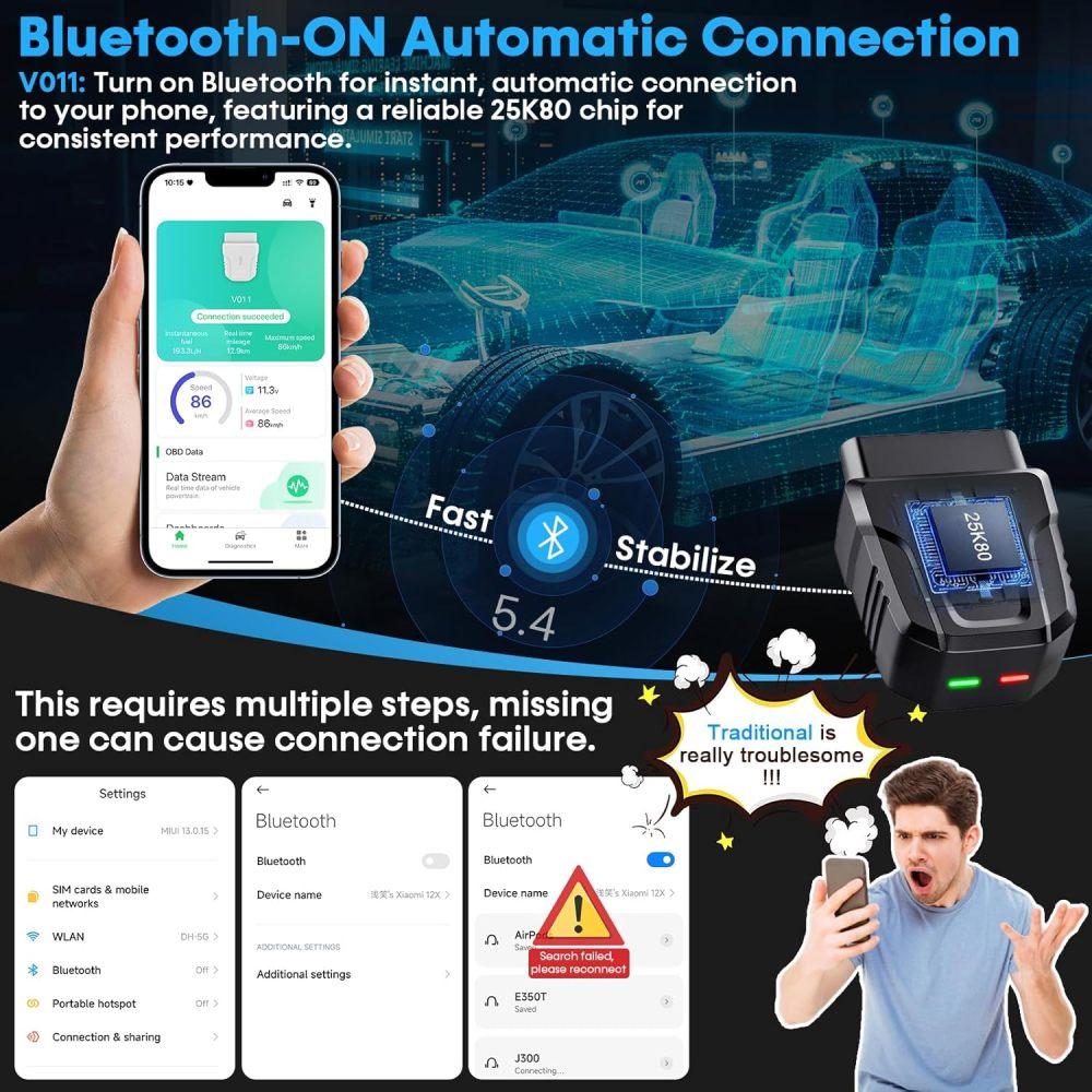 Bluetooth OBD2 skener APP pre auto: Bezdrôtový jednoduchý setup 1S Automatické pripojenie k telefónu - Čítačka chybových kódov motora vozidla s funkciou vymazania/resetovania Diagnostický nástroj