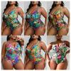 European & American 2024 Plus Size Printed Halter Backless Ruched Bikini for Women