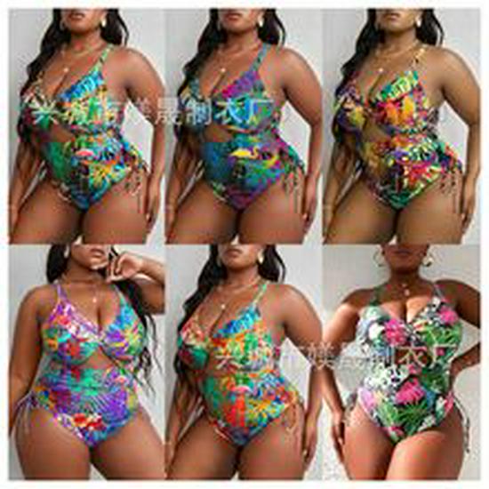 European & American 2024 Plus Size Printed Halter Backless Ruched Bikini for Women
