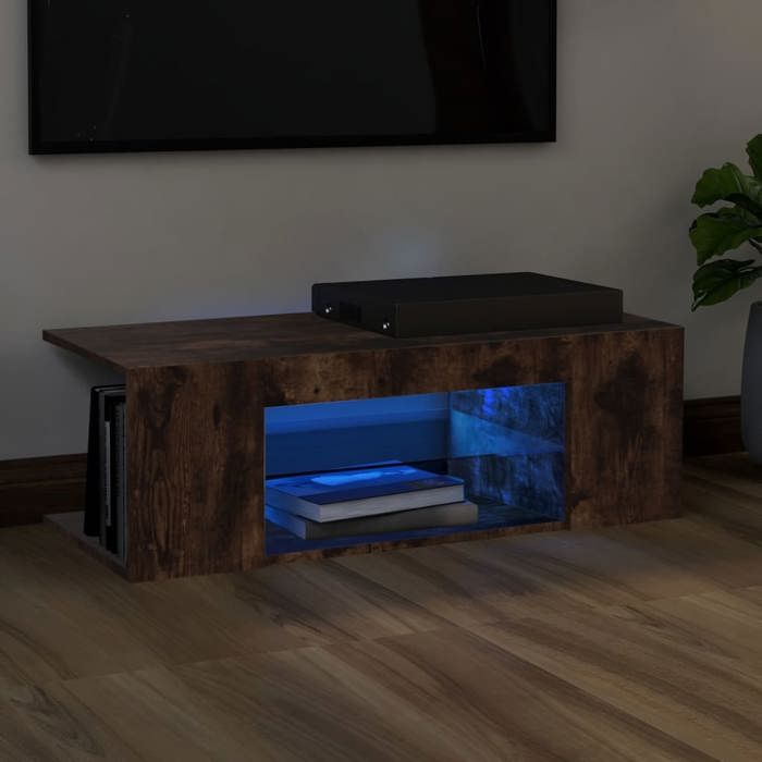 VidaXL Meuble TV avec lumières LED Chêne fumé 90x39x30 cm, support tv, armoire média, armoire hifi, unité tv, unité média, 822665