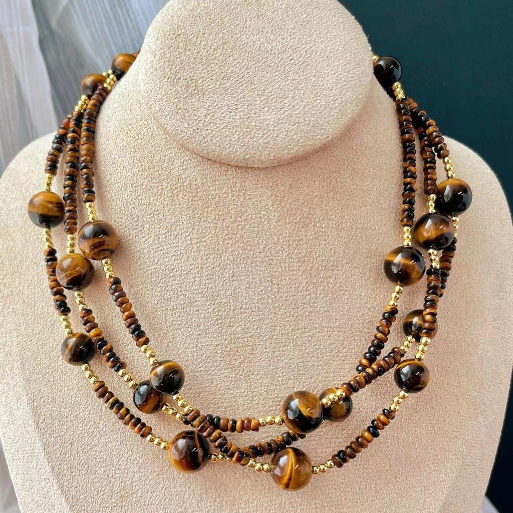 Vintage Natural Tiger'S Eye Stone Round Beads Maillard Niche Personality Design Sense Collarbone Chain High Sense Necklace