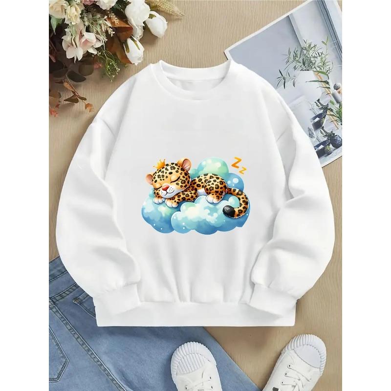 Kids Unisex Crewneck Sweatshirt, Cute Sleeping Leopard With Small Crown Lying On Blue Cloud Zzz Cartoon Print Soft Pullover For Kids Over 4 Years Old