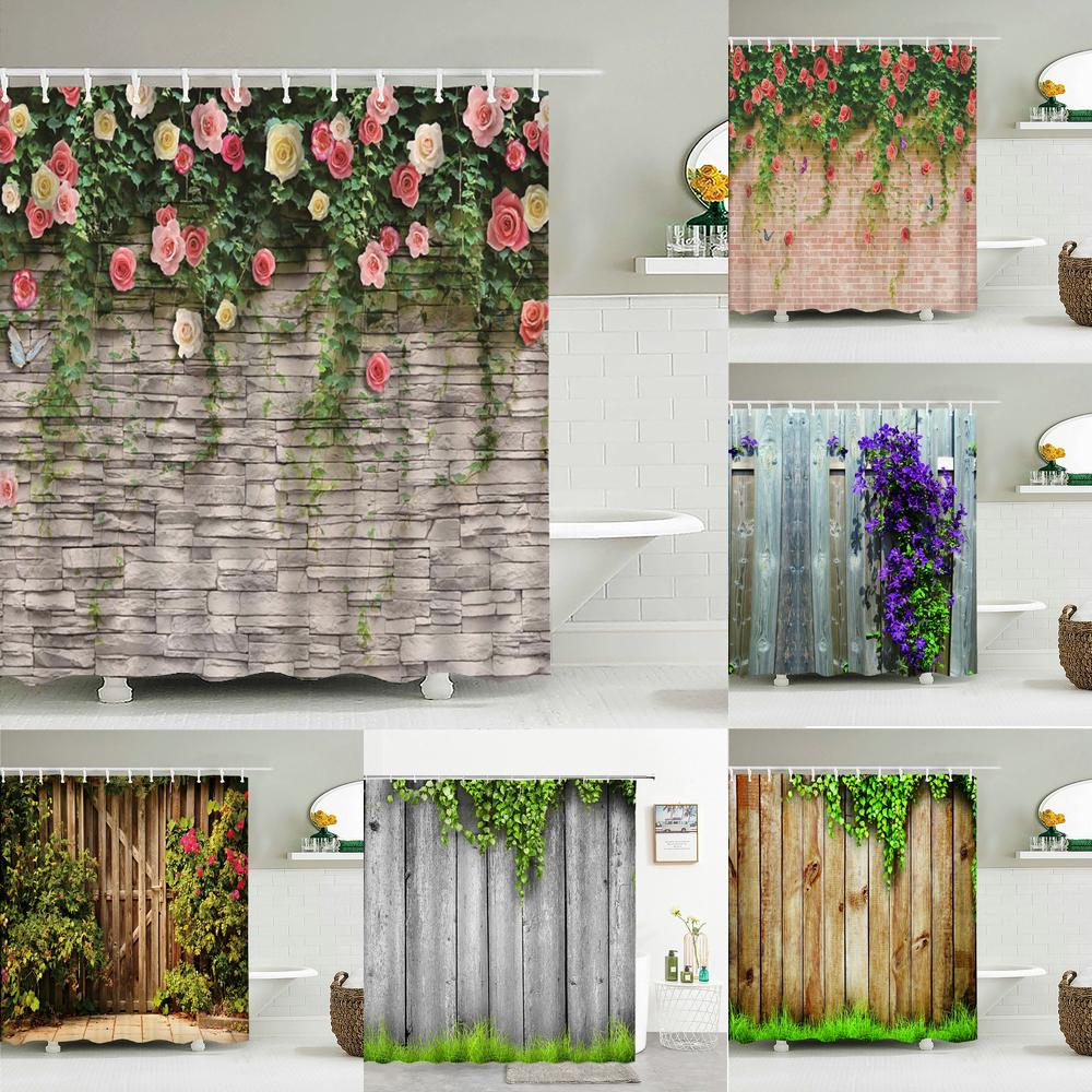 Dunika Chen Waterproof Flowers Grass Plant Rock Wall Shower Curtain For Bathroom Bath Curtains Extra Long 180*200 Cm 3D Shower Curtain