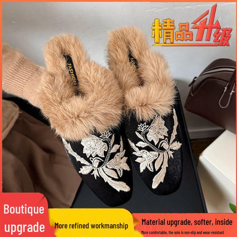 2025 Herbst/Winter Damen Samtgefütterte Kaninchenfell Halbzellen-Mules