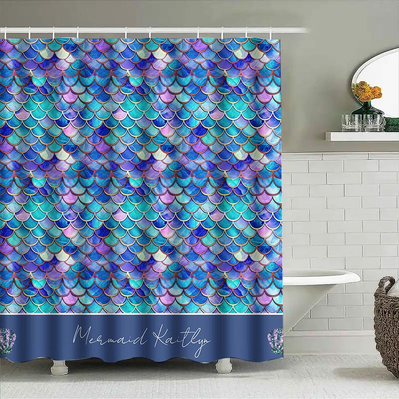 Sjöjungfrustjärt Fiskfjäll Duschdraperi Vattentätt Dekoration för Badrum Heminredning Anpassningsbar Storlek Hyllor Stänger Set W