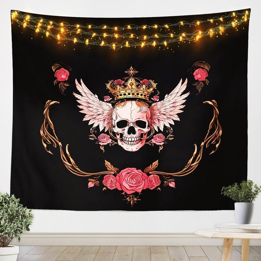 3D Skull Floral Wall Tapestry Rose Death Skull Tapestry, 3D Romantic Skeleton Tapestry For Bedroom Boho Gothic Hanging Wall Art