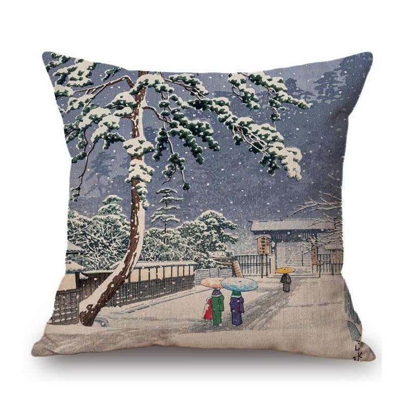Kawase Hasui-Japanese Woodblock Pillow Case Ukiyo Mount Fuji Temple Beautiful Scenic Art Home Decorative Sofa Car Cushion Cover