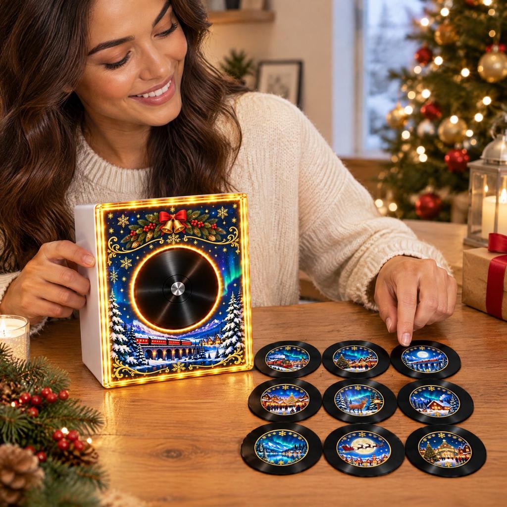 Weihnachts-Spieluhr-Kühlschrank mit Zugdesign, 9 austauschbare rotierende Scheiben, -aktiviertes Abspielen, Winter-Schneestadt-Schreibtischdekoration,