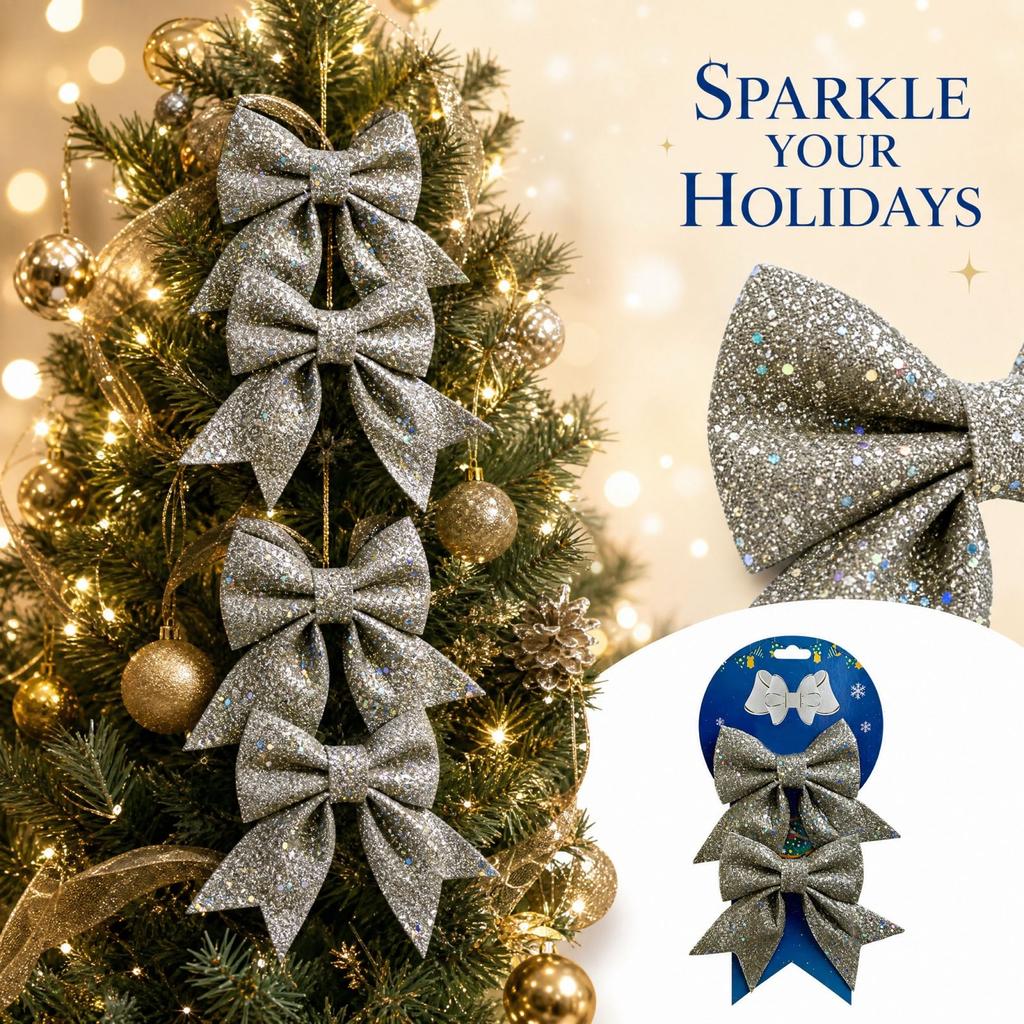 Sparkling Gold Ribbon Christmas Tree Hanging Ornament for Holiday Window Display and Scene Decor
