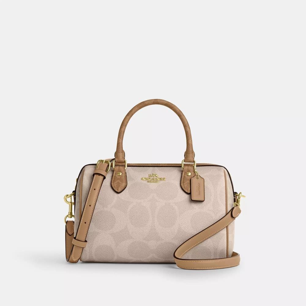 

Coach Rowan Satchel Bag In Blocked Signature Canvas Gold Sand Tan One Size